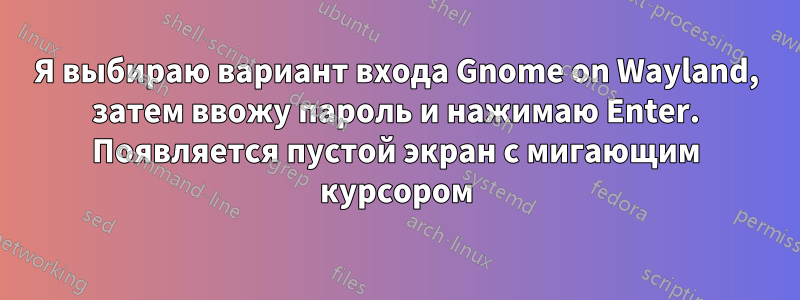 Я выбираю вариант входа Gnome on Wayland, затем ввожу пароль и нажимаю Enter. Появляется пустой экран с мигающим курсором