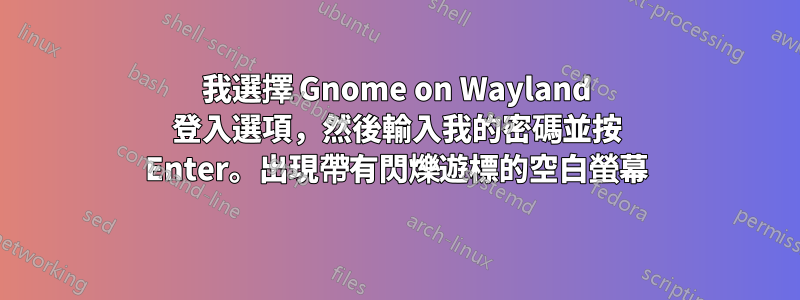 我選擇 Gnome on Wayland 登入選項，然後輸入我的密碼並按 Enter。出現帶有閃爍遊標的空白螢幕