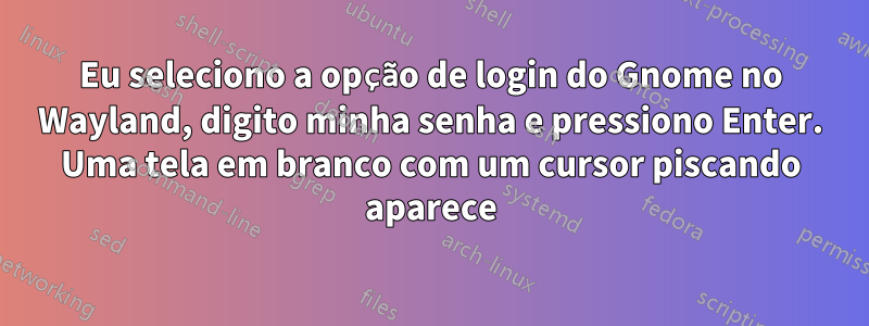 Eu seleciono a opção de login do Gnome no Wayland, digito minha senha e pressiono Enter. Uma tela em branco com um cursor piscando aparece