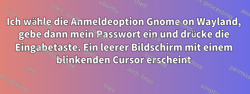 Ich wähle die Anmeldeoption Gnome on Wayland, gebe dann mein Passwort ein und drücke die Eingabetaste. Ein leerer Bildschirm mit einem blinkenden Cursor erscheint