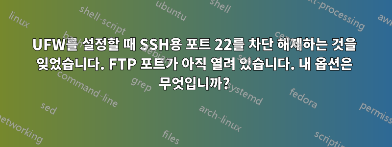 UFW를 설정할 때 SSH용 포트 22를 차단 해제하는 것을 잊었습니다. FTP 포트가 아직 열려 있습니다. 내 옵션은 무엇입니까?