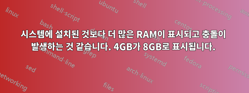 시스템에 설치된 것보다 더 많은 RAM이 표시되고 충돌이 발생하는 것 같습니다. 4GB가 8GB로 표시됩니다.