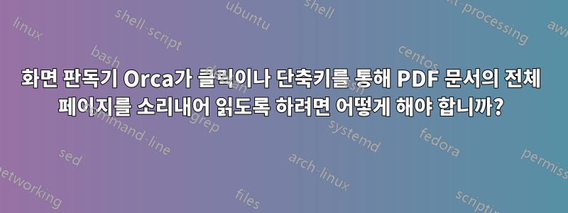화면 판독기 Orca가 클릭이나 단축키를 통해 PDF 문서의 전체 페이지를 소리내어 읽도록 하려면 어떻게 해야 합니까?