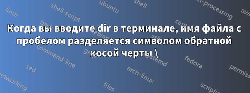 Когда вы вводите dir в терминале, имя файла с пробелом разделяется символом обратной косой черты \