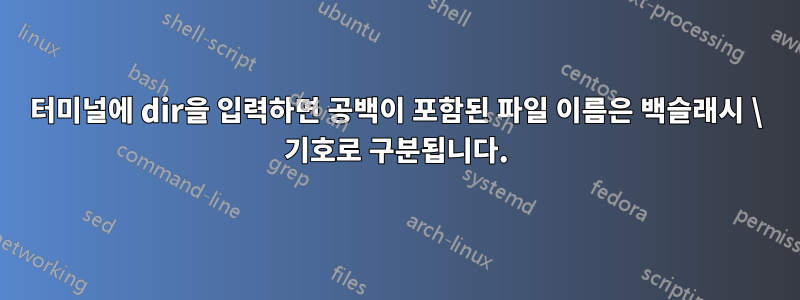 터미널에 dir을 입력하면 공백이 포함된 파일 이름은 백슬래시 \ 기호로 구분됩니다.