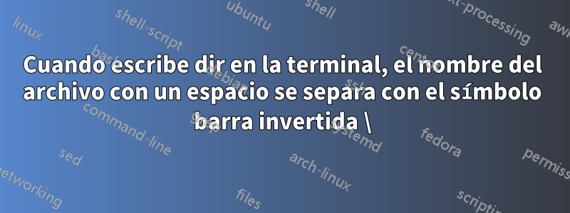 Cuando escribe dir en la terminal, el nombre del archivo con un espacio se separa con el símbolo barra invertida \