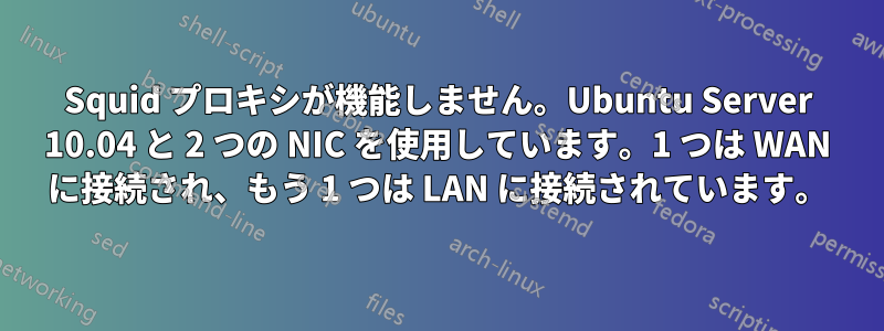 Squid プロキシが機能しません。Ubuntu Server 10.04 と 2 つの NIC を使用しています。1 つは WAN に接続され、もう 1 つは LAN に接続されています。