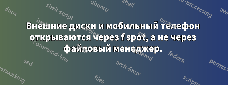 Внешние диски и мобильный телефон открываются через f spot, а не через файловый менеджер.