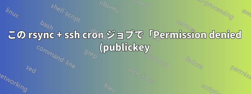 この rsync + ssh cron ジョブで「Permission denied (publickey)」エラーが発生するのはなぜですか?