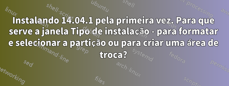 Instalando 14.04.1 pela primeira vez. Para que serve a janela Tipo de instalação - para formatar e selecionar a partição ou para criar uma área de troca?