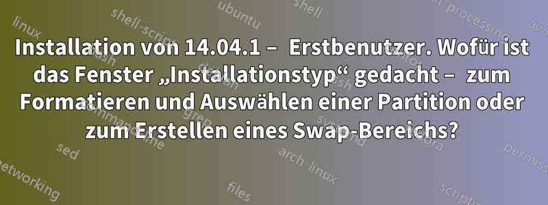 Installation von 14.04.1 – Erstbenutzer. Wofür ist das Fenster „Installationstyp“ gedacht – zum Formatieren und Auswählen einer Partition oder zum Erstellen eines Swap-Bereichs?