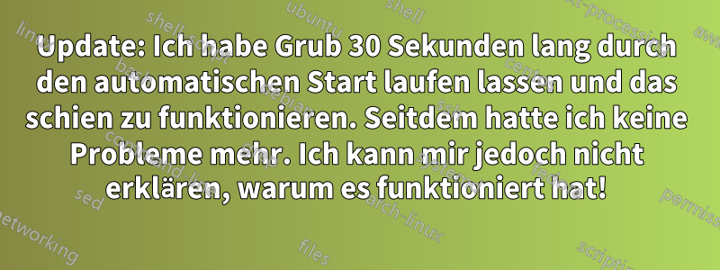 Update: Ich habe Grub 30 Sekunden lang durch den automatischen Start laufen lassen und das schien zu funktionieren. Seitdem hatte ich keine Probleme mehr. Ich kann mir jedoch nicht erklären, warum es funktioniert hat!