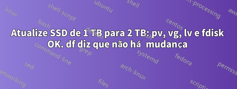 Atualize SSD de 1 TB para 2 TB: pv, vg, lv e fdisk OK. df diz que não há mudança