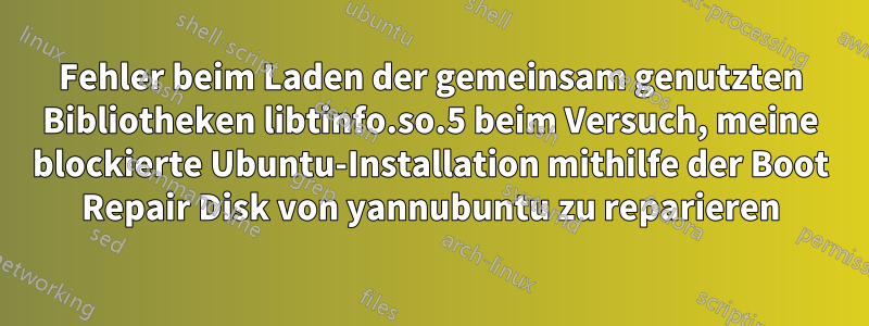 Fehler beim Laden der gemeinsam genutzten Bibliotheken libtinfo.so.5 beim Versuch, meine blockierte Ubuntu-Installation mithilfe der Boot Repair Disk von yannubuntu zu reparieren