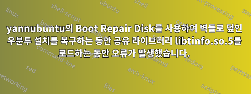 yannubuntu의 Boot Repair Disk를 사용하여 벽돌로 덮인 우분투 설치를 복구하는 동안 공유 라이브러리 libtinfo.so.5를 로드하는 동안 오류가 발생했습니다.