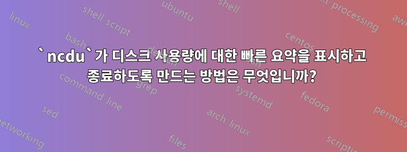 `ncdu`가 디스크 사용량에 대한 빠른 요약을 표시하고 종료하도록 만드는 방법은 무엇입니까?