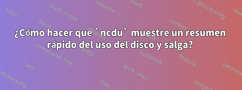 ¿Cómo hacer que `ncdu` muestre un resumen rápido del uso del disco y salga?