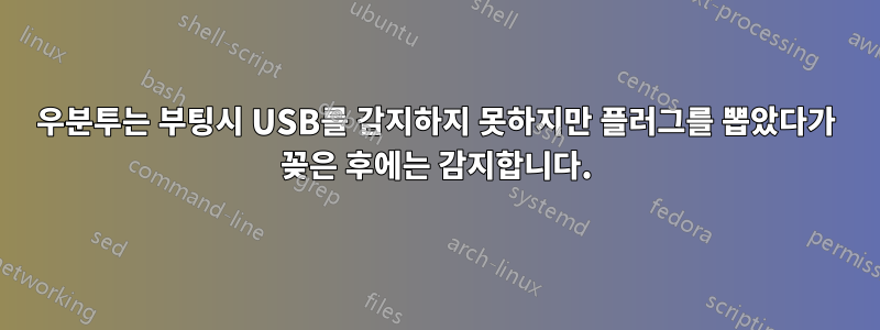 우분투는 부팅시 USB를 감지하지 못하지만 플러그를 뽑았다가 꽂은 후에는 감지합니다.