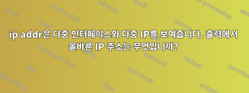 ip addr은 다중 인터페이스와 다중 IP를 보여줍니다. 출력에서 ​​올바른 IP 주소는 무엇입니까?