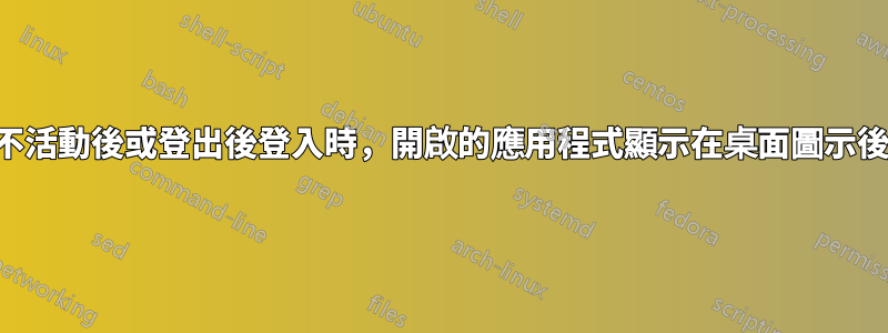 在不活動後或登出後登入時，開啟的應用程式顯示在桌面圖示後面