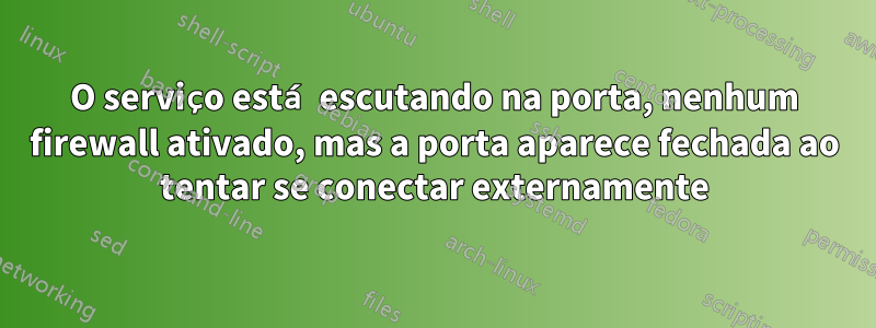 O serviço está escutando na porta, nenhum firewall ativado, mas a porta aparece fechada ao tentar se conectar externamente