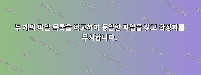 두 개의 파일 목록을 비교하여 동일한 파일을 찾고 확장자를 무시합니다.