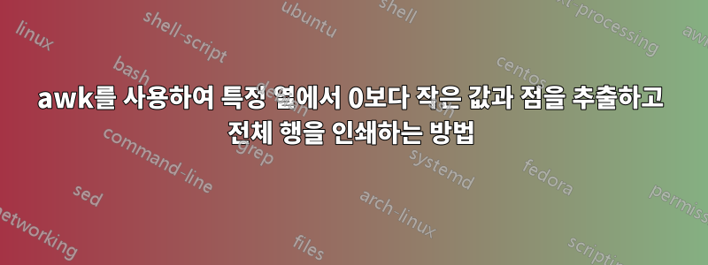 awk를 사용하여 특정 열에서 0보다 작은 값과 점을 추출하고 전체 행을 인쇄하는 방법