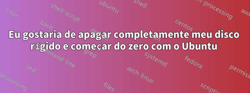 Eu gostaria de apagar completamente meu disco rígido e começar do zero com o Ubuntu