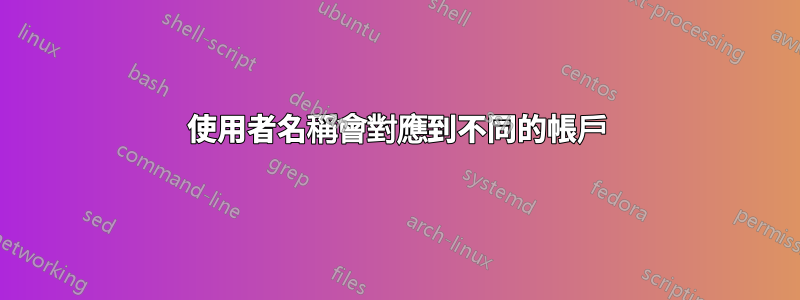 使用者名稱會對應到不同的帳戶