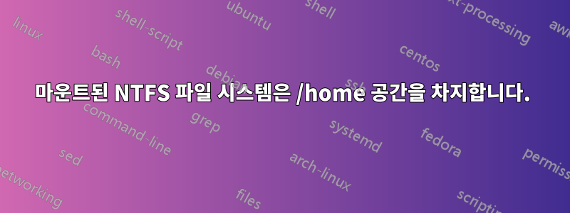 마운트된 NTFS 파일 시스템은 /home 공간을 차지합니다.