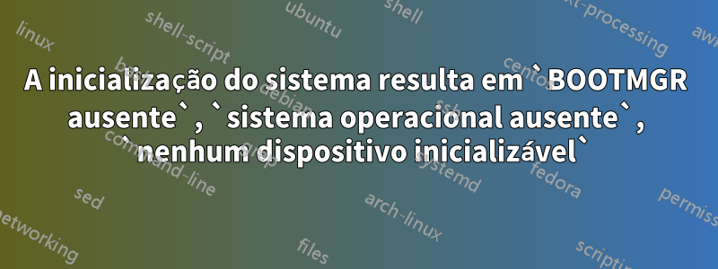 A inicialização do sistema resulta em `BOOTMGR ausente`, `sistema operacional ausente`, `nenhum dispositivo inicializável`