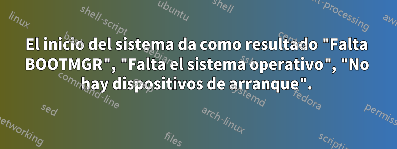 El inicio del sistema da como resultado "Falta BOOTMGR", "Falta el sistema operativo", "No hay dispositivos de arranque".