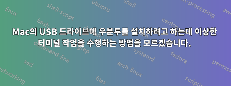 Mac의 USB 드라이브에 우분투를 설치하려고 하는데 이상한 터미널 작업을 수행하는 방법을 모르겠습니다.