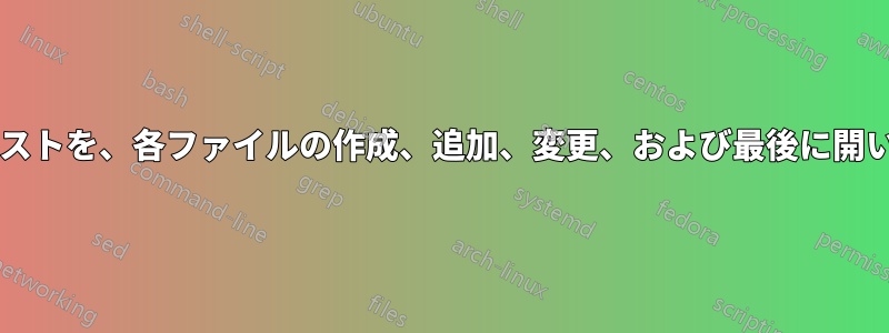 ディレクトリとサブディレクトリのファイル内容のリストを、各ファイルの作成、追加、変更、および最後に開いた時刻とともに作成するにはどうすればよいですか?