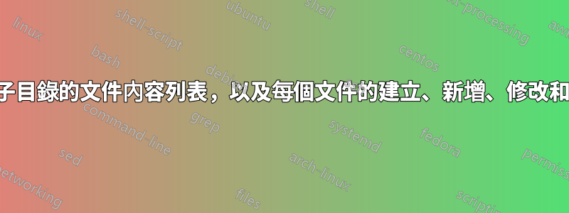 如何建立目錄和子目錄的文件內容列表，以及每個文件的建立、新增、修改和上次開啟時間？