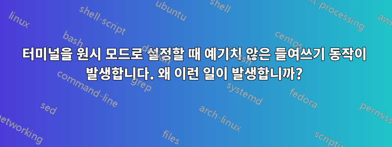 터미널을 원시 모드로 설정할 때 예기치 않은 들여쓰기 동작이 발생합니다. 왜 이런 일이 발생합니까?