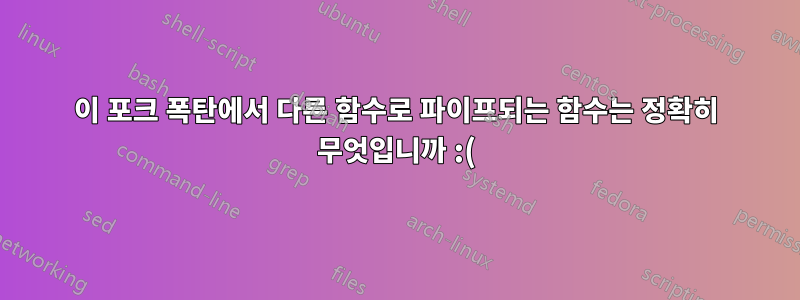 이 포크 폭탄에서 다른 함수로 파이프되는 함수는 정확히 무엇입니까 :(){ :|: & };:?