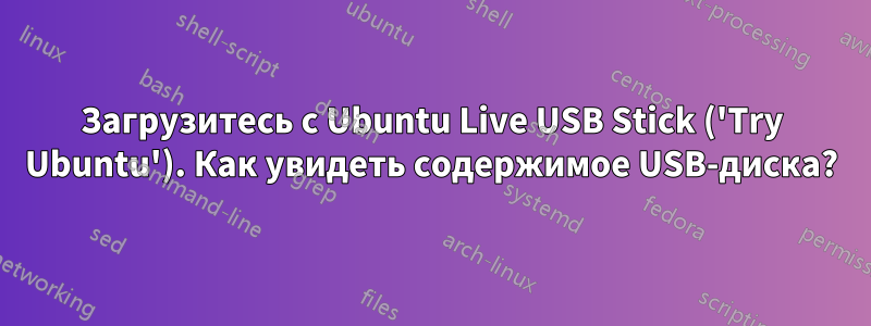 Загрузитесь с Ubuntu Live USB Stick ('Try Ubuntu'). Как увидеть содержимое USB-диска?
