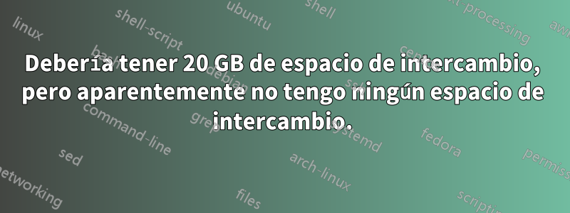 Debería tener 20 GB de espacio de intercambio, pero aparentemente no tengo ningún espacio de intercambio.