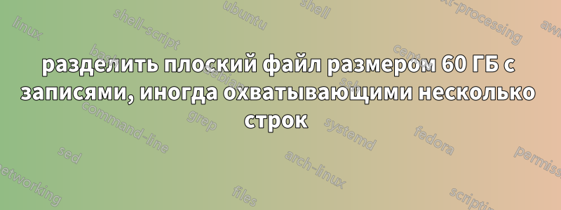 разделить плоский файл размером 60 ГБ с записями, иногда охватывающими несколько строк 