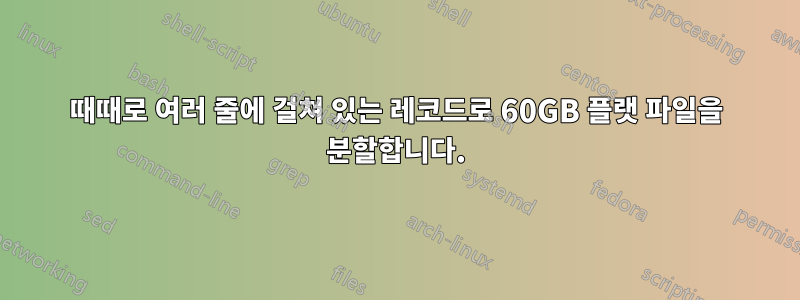 때때로 여러 줄에 걸쳐 있는 레코드로 60GB 플랫 파일을 분할합니다.