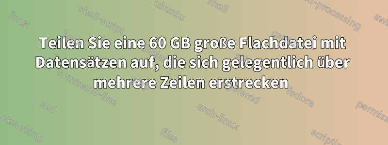 Teilen Sie eine 60 GB große Flachdatei mit Datensätzen auf, die sich gelegentlich über mehrere Zeilen erstrecken 