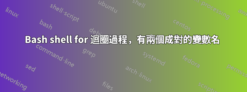 Bash shell for 迴圈過程，有兩個成對的變數名