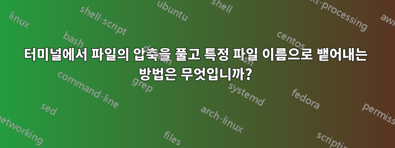 터미널에서 파일의 압축을 풀고 특정 파일 이름으로 뱉어내는 방법은 무엇입니까?