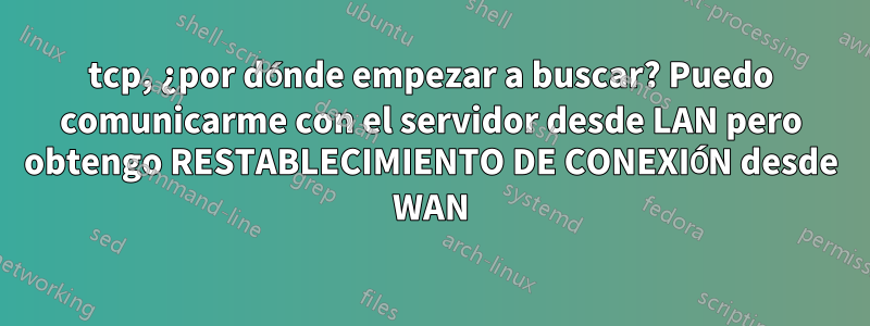 tcp, ¿por dónde empezar a buscar? Puedo comunicarme con el servidor desde LAN pero obtengo RESTABLECIMIENTO DE CONEXIÓN desde WAN