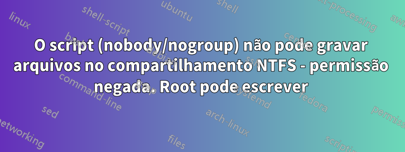 O script (nobody/nogroup) não pode gravar arquivos no compartilhamento NTFS - permissão negada. Root pode escrever