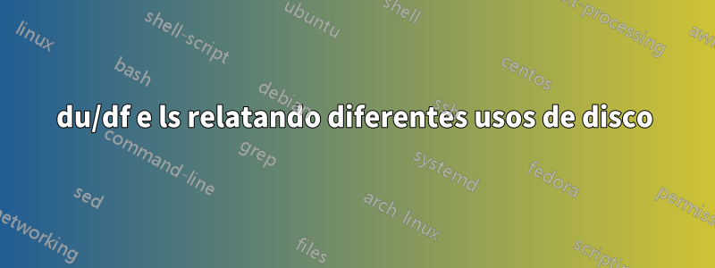 du/df e ls relatando diferentes usos de disco