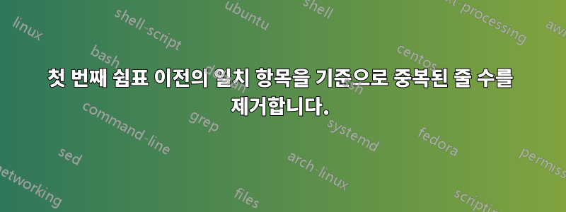 첫 번째 쉼표 이전의 일치 항목을 기준으로 중복된 줄 수를 제거합니다.