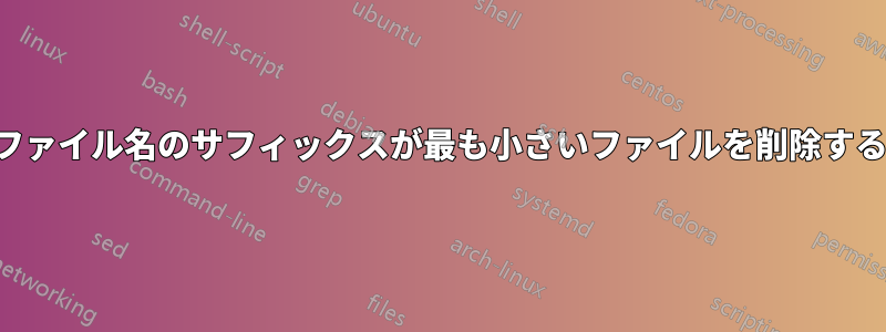 ファイル名のサフィックスが最も小さいファイルを削除する