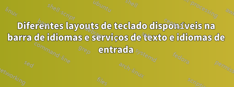 Diferentes layouts de teclado disponíveis na barra de idiomas e serviços de texto e idiomas de entrada